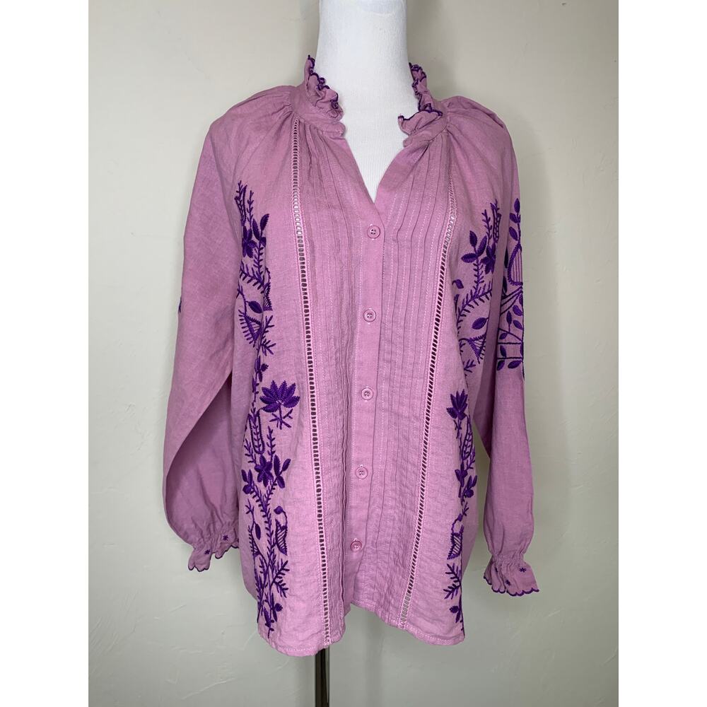 Fate  Purple Linen Split Neck Purple Peasant Top Blouse Sz Large